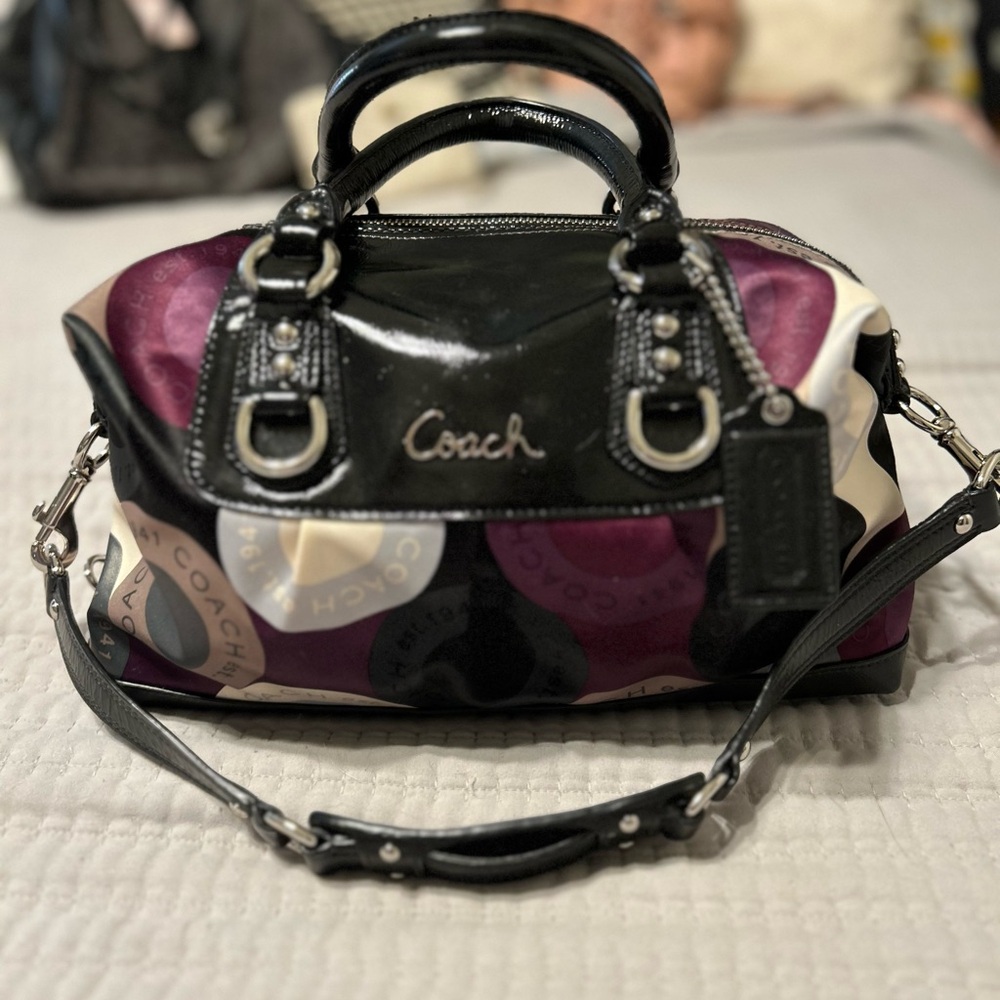 Coach Ashley Black and Purple Satchel with Patent Leather